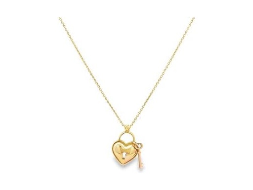 18K Yellow Gold Necklace with Heart Lock and Key Charms